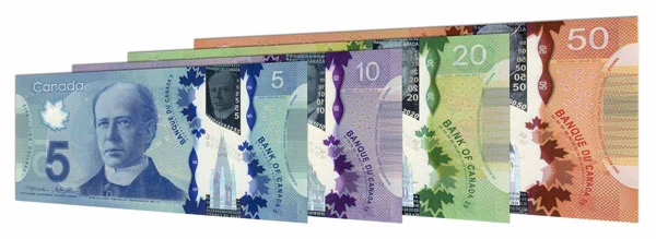 Canadian polymer banknotes: 5, 10, 20, 50 and 100 dollars
