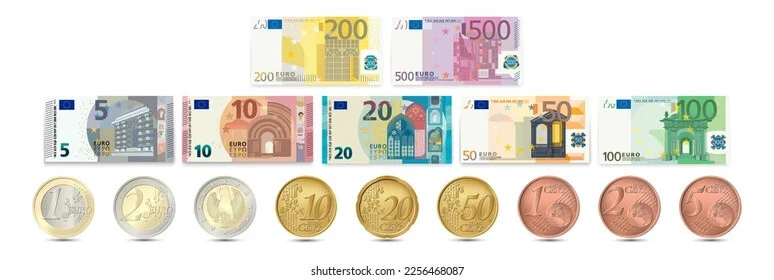 Euro banknotes and coins, from 5 euros to 200 euros