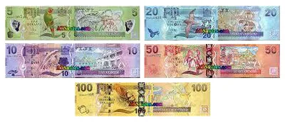 Fijian dollar banknotes: 5, 10, 20, 50 and 100 dollars, front and back