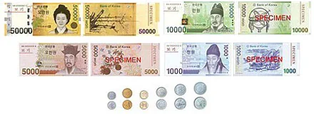 South Korean won banknotes: 1,000, 5,000, 10,000 and 50,000 won, with coins