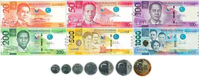 Philippine peso banknotes: 20, 50, 100, 200, 500 and 1,000 pesos, with coins