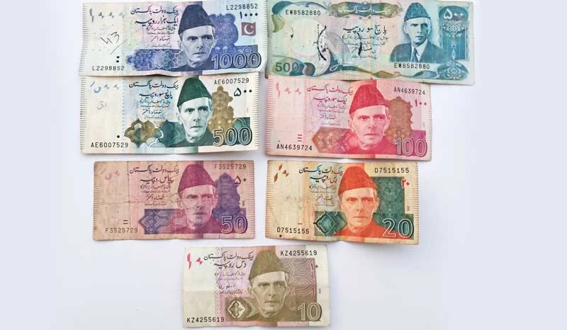 Pakistani rupee banknotes: 10, 20, 50, 100, 500 and 1,000 rupees
