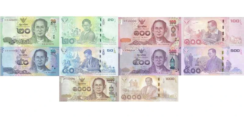 Thai baht banknotes: 20, 50, 100, 500 and 1000 baht