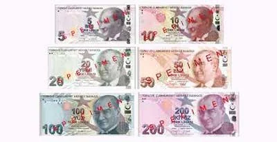 Turkish lira banknotes: 5, 10, 20, 50, 100 and 200 lira