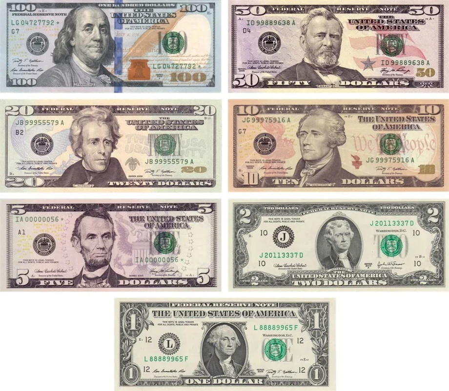 US Dollar banknotes: 1, 2, 5, 10, 20, 50 and 100 dollar notes