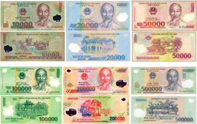Vietnamese dong polymer banknotes: 10,000 to 500,000 dong, front and back