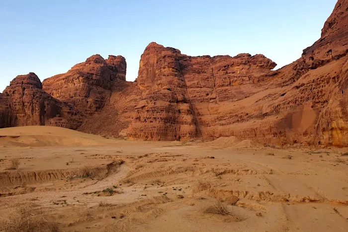 Red sandstone rock formations in the desert at AlUla, Saudi Arabia