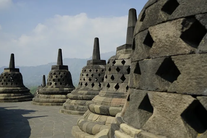 Stone stupas at the Borobudur temple in Java