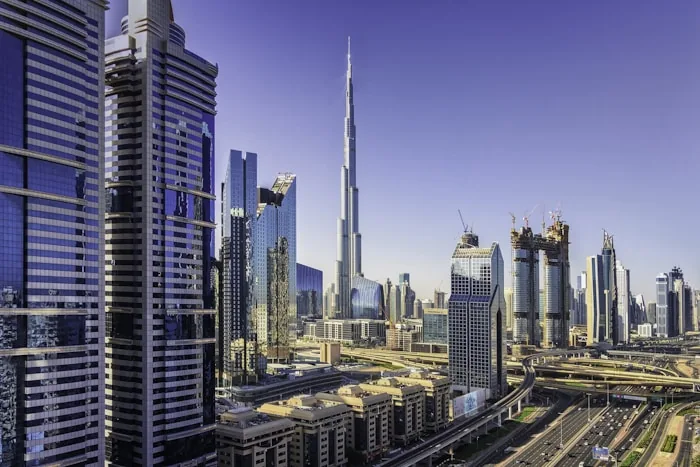 The Burj Khalifa above the towers of Sheikh Zayed Road in Dubai