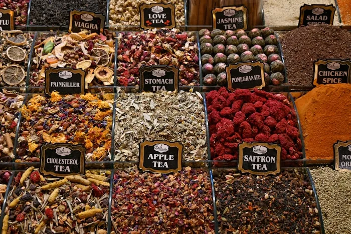 Spices and dried fruit on display at a bazaar in Istanbul