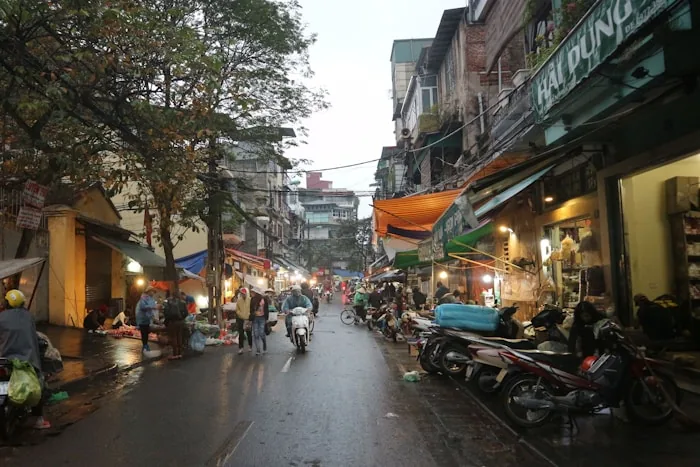 Motorbikes on a street in the Old Quarter of Hanoi