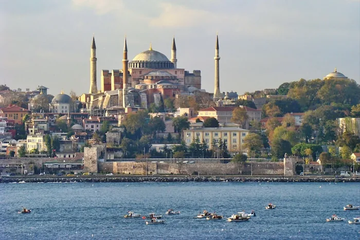 The domes and minarets of Sultanahmet in Istanbul seen from the water