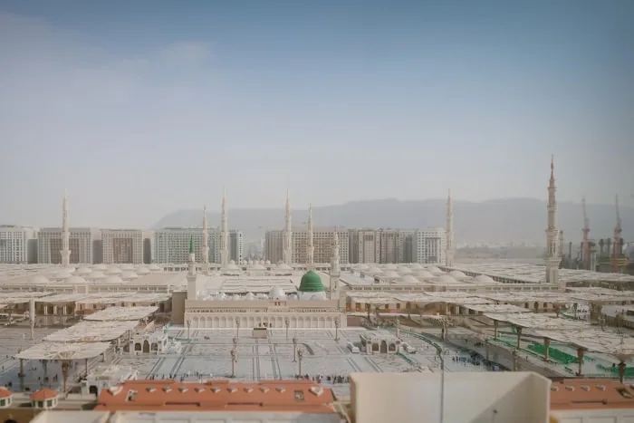 The Prophet's Mosque with its green dome in Madinah