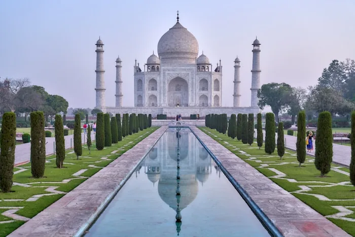 The Taj Mahal and its reflecting pool in Agra, India
