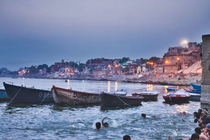 Boats moored at the ghats on the Ganges at Varanasi